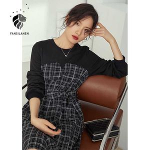 Fansilanen Patchawork Tweed Plaid Midi Black Dress Kvinnor Långärmad Höst Vinter Elegant Kvinna Vintage Office 210607