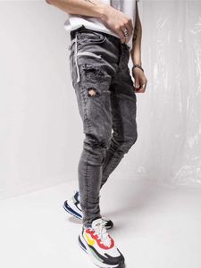 Sonbahar Erkekler Sıkı Yırtık Skinny Jeans Biker Yüksek Kaliteli Kot Slim Fit Denim Çizik Yüksek Elastik Ayak Zip Kalem Pantolon X0621