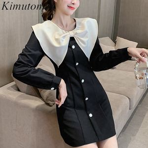 Kimutomo Sweet Bow Turn-down Collar Dress Donna Primavera Autunno Corea Chic Ladies Colorblock Bottoni Vestido Elegante 210521