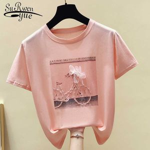 Bomull Kvinnor T-shirts Vår sommar Ny Fashion Cool Print Kvinna Sommar T-shirt Vit Casual T Shirt Femme Pink Loose Top 4767 x0628