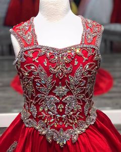 Little Miss Pageant Dress for Teens Juniors Toddlers 2021 Strass Cristalli Raso rosso Abito lungo per bambini Festa formale Perline Cinghie Scollo rosie Sfarzo su misura