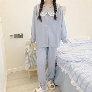 Damen-Nachtwäsche, süße Prinzessinnen-Stil, Puppenkragen-Pyjama, Frühling und Herbst, langärmelig, dünner Anzug, reine Baumwolle, niedliche Oberbekleidung, Homewear