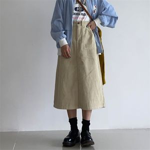 Jesień Korea Moda Kobiety Wysoka Talia Sztruksowa Długa Spódnica Wszystkie Dopasowane Casual Podwójna kieszeń A-Line Plus Size V21 210512