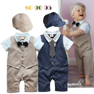 Marinho bege moda bebê meninos roupas 0-2years bebê macacão macacão smoking + colete chapéu vestido de vestido de festa de traje 210413
