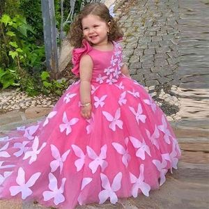 High Quality Girls Birthday Party Dress with Pearls Rose Red Puffy Tulle Flower Girl 3D Butterflies Vestidos 210724
