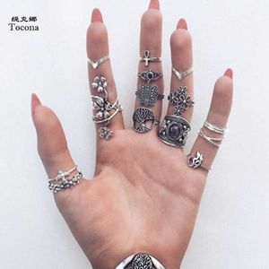 Tocona 14pcs/set Vintage Antique Silver Color Ring for Women Rose Sunflowers Cross Geometric Bohemia Jewelry 4 6391