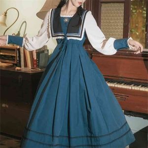 Vintage prinsessa maxi klänningar för kvinnor hög midja kvadrat krage navy blå elegant kväll fest klänning kvinnlig vestidos de mujer 210603