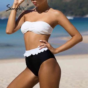 bikini Costume da bagno con spalle scoperte femminile Costume da bagno a vita alta da donna Ruffle set da 2 pezzi Costume da bagno a blocchi di colore 210414