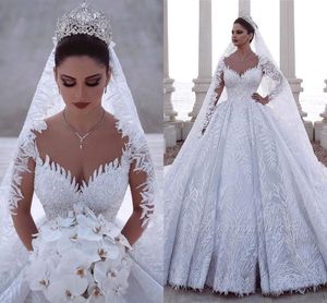 Luksusowy Zroszony Arabski Suknia Balowa Długie Rękawy Suknie Ślubne Koronki Tulle Aplikacje 3D Cekiny Dopasowane Suknie Ślubne Plus Size CPH085