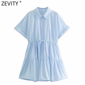 Zevity Women Solid Color Waist Drawstring Pleats Shirtwaist Dress Female Chic Short Sleeve Casual Kimono Mini Vestido DS8164 210603