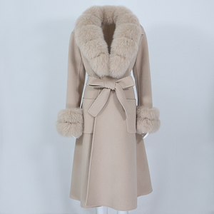 OFTBUY X-lange Kaschmir-Wolle-Mischungen, echter Pelzmantel, Gürtel, Winterjacke, Damen, natürlicher Fuchspelz, Kragenmanschetten, Streetwear