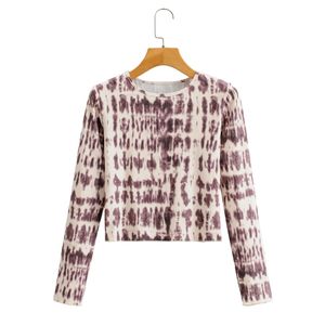 春の女性の抽象的なパターン編み短いTシャツカジュアルな女性Oネック長袖スリムトップスT1391 210430