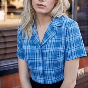 Foridolヴィンテージシックな格子縞のブラウスシャツの女性ボタンチェックブルークロップトップス女性のブラウスシックストリートウェアカミサス210415