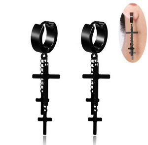 316L stainless steel Hypoallergenic Stud Dangle Earrings For Mens Punk Rock Black Silver Cross Chain Tassel Earring
