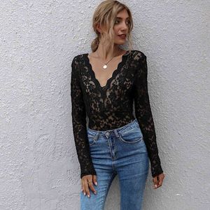 See through black lace blouse shirt Women fashion sexy tulle blouse tops autumn winter Female blouse backless 210415