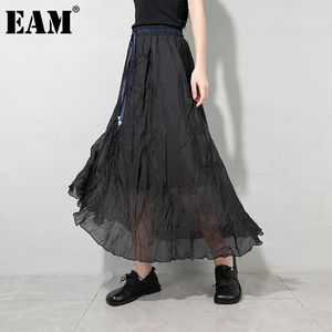 [EAM] Hohe Elastische Taille Schwarz Gefaltete Lange Chiffon Temperament Halbkörper Rock Frauen Mode Frühling Sommer 1DD8336 21512