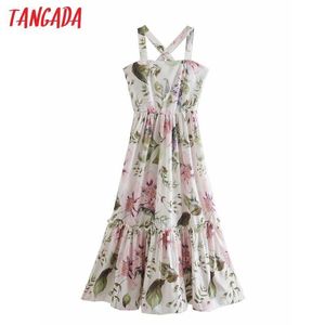 Tangada 패션 여성 꽃 인쇄 스트랩 드레스 민소매 백리스 뒤 지퍼 여성 캐주얼 긴 드레스 2W69 210609