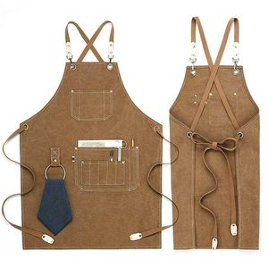 Kitchen Apron Heavy Duty Canvas Barber Work s Unisex Cross Straps Adjustable Salon Hairdresser Bib PU Leather for Men 211222