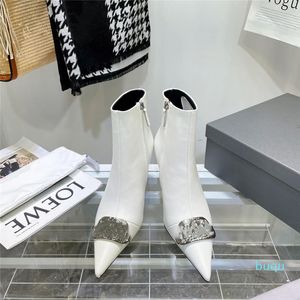 Designer- Women Boots Silhouette Ankel Boot Black White Martin Booties Stretch High Heel Buckle Stövlar och läder Vinter 8cm Heels