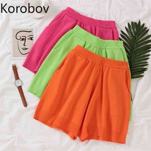 Korobov Sweet Knitted High Waist Women Elastics Shorts Korean Preppy Style Pockets Wide Leg Short Pants Summer Casual Shorts 210430