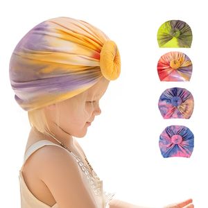 Barn Tie Dye Donuts Cap Nyfödd Småbarn Barn Baby Boy Girl Turban Bomull Beanie Hat Vinter Varm Mjuk Indien Kepsar Solid Bow Rhinestone Wrap Hats M3518