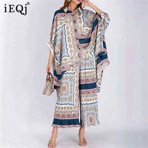 IEQJ European and American Satin texture personalized printing loose bat sleeve shirt pleated wide leg pants suit 211007