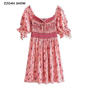 Holiday Wood Orelhas Ruffles Slash Collar Floral Impressão Plissada Elástica Mulheres Ruched Vestido Boho Sleeve Mini Vestidos Curtos 210429