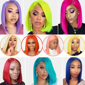factory direct T Part Lace Human Hair Wigs Brazilian Straight Short Bob Wigs Blonde Pink/Green Straight Ombre Wigs