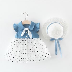 Verão bebê menina vestido infantil crianças roupas denim fio líquido voando mangas com chapéu 2 pc terno roupa de criança 210515