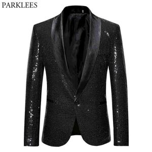 Svart Sequin One Button Shawl Collar Suit Jacket Men Bling Glitter Nattklubb Prom DJ Blazer Jacket Män Stage Kläder för sångare 210522