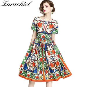 Sommar Kvinnor Runway Designer Luxury Printed Short Sleeve Ball Gown Chiffon Elegant Party Knee Length Big Swing Dress 210416