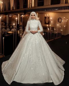 Shiny Ball Muslim Wedding Dresses Long Sleeves Beads Sequins Bridal Party Gown Pearls High Neck Robe De Mariage