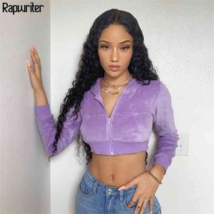 Streetwear Solide Hoodie Sweatshirt Crop Top Frauen Schlank Lila Zip-Up Langarm Sudaderas Cropped Hoodies Herbst Winter 210510