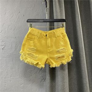 Calças de brim femininas streetwear borla buraco denim shorts verão rebarbas 2021 solto a-line calças largas perna senhora