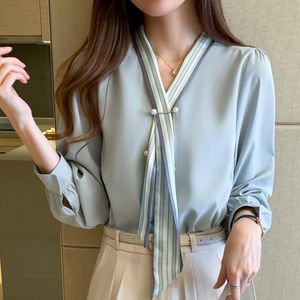 Mulheres Coreanas Blusas Listrado Camisas Mulher V Pescoço Imprime Tops Plus Size Autumn Bow Beading Shirt 210427