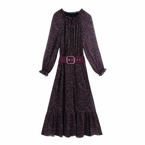 Vintage Kadın Mor Baskılı Sashes Şifon Uzun Elbise Bahar Moda Bayanlar Tatil Elbiseler Kadın Rahat Softdress 210515