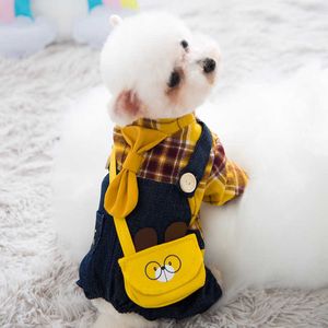 Styl Pet Compumsuit Lattice Rompers Dog Hoodie Denim Coat Koszulka Koszulka Puppy Jacket Jesień / Zima Chihuahua Ubrania 211007