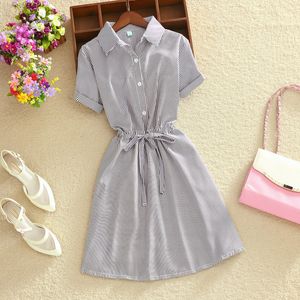 Elegant Office Summer Dress Shirt Elegant Blue Stripped Cotton Turn Down Collar Wear to Work Shirts Women Dresses 210518