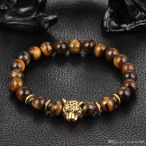 Pulseras mujer Gold Farbe Leopard Kopf Perle Buddha peridot Armband Naturstein Lava Matte Tigerauge Männer und Frauen Armbänder