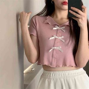 티셔츠 여성 패션 디자인 소수 민족 짧은 스타일의 수경 가장자리 활 핑크 짧은 소매 탑 여름 210529