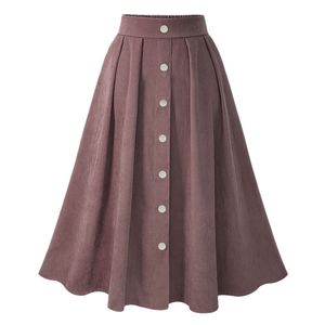 Women Pleated Skirts Button High Waist Elastic Mid Skirt Korean Style Female Skirts Fashion Spring Autumn Winter Bottom 210518