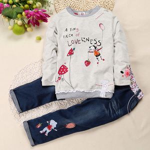 Autunno Lungo Ragazze Vestiti Set Felpe Floreali + Jean Suit Bambini T-Shirt Pantaloni Lovely Top Quality Baby Girl Jersey 210413