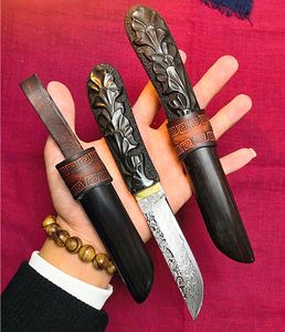 Top Quality Damascus Straight Knife 83 Layers Damascuss Steel Drop Point Blade Ebony Handle Fixed Blades Knives With Wood Sheath