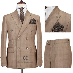 Cenne Des Graoom New Men Suit Plaid Double Breasted Two Pieces Slim Fit High Quality Wedding Party Singer Costume DG-188 X0909