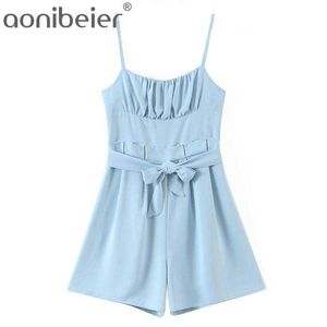 Kobiety Panieki Lato Rękawów Ruched I Folds Szczegóły Wysokiej talii Playsuit Shirred Back Proste Krótkie kombinezony 210604