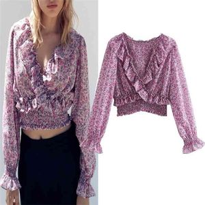 Bluzka Kobiety Kwiatowe Drukowane Frilled Crop Top Długie Rękaw Puff V-Neck Wzburzyć Elastyczne Hem Vintage Laddies 210519