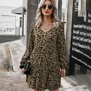 Мода осень мини платье женское леопардовое печать Elegrat Длинные рукава для женщин сексуальная винтажная леопард полная женщина ES 210508