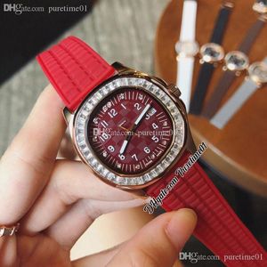 2022 5072R Swiss Quartz Womens Watch Ladies Watches Rose Gold Diamonds Bezel Red Textured Dial Diamond Number Markers Rubber Strap 5 Styles Puretime01 E42b2