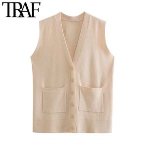 Women Fashion With Pockets Loose Ribbed Knitted Vest Sweater Vintage V Neck Button-up Female Waistcoat Chic Tops 210507