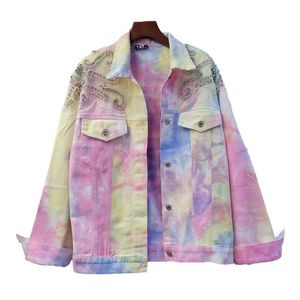 Kvinnors Jackor Streetwear Fashion Diamond Tie Dye Denim Jacka Kvinnor Casual Ytterkläder Chaqueta Mujer Loose Långärmad Kort Jeans Coat